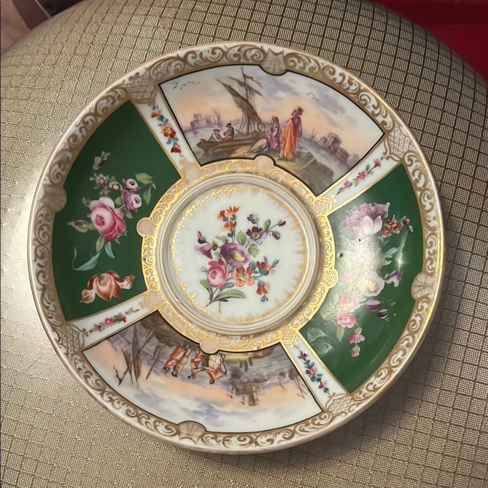 Vintage Decorative Plate with Floral and Scenic Design